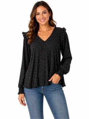 Reitmans Black Long Sleeve V-Neck Polka Dot Blouse